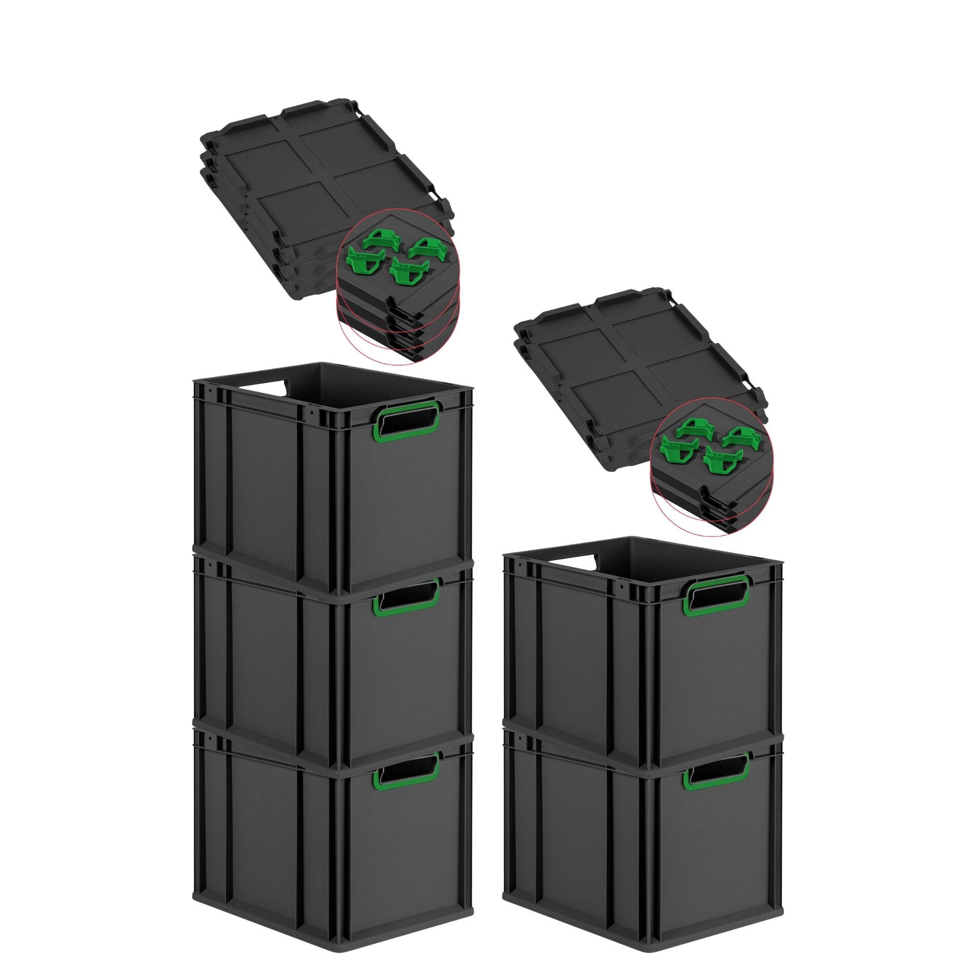EUROBOX 5x NextGen Color mit Auflagedeckel 32x30x40 cm 30 Liter Schwarz Griffe grün offen - Schwarz/Grün, Kunststoff (30/32/40cm) - PROREGAL