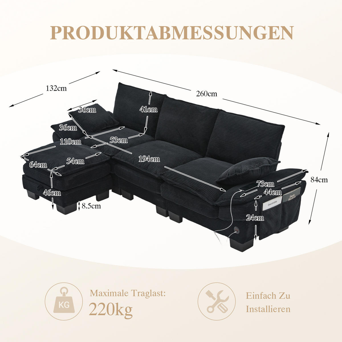 3-SITZER Sofa aus Cord 260x132x84 cm mit Hocker & USB-C, schwarz - Schwarz, Textil (132/84/260cm)