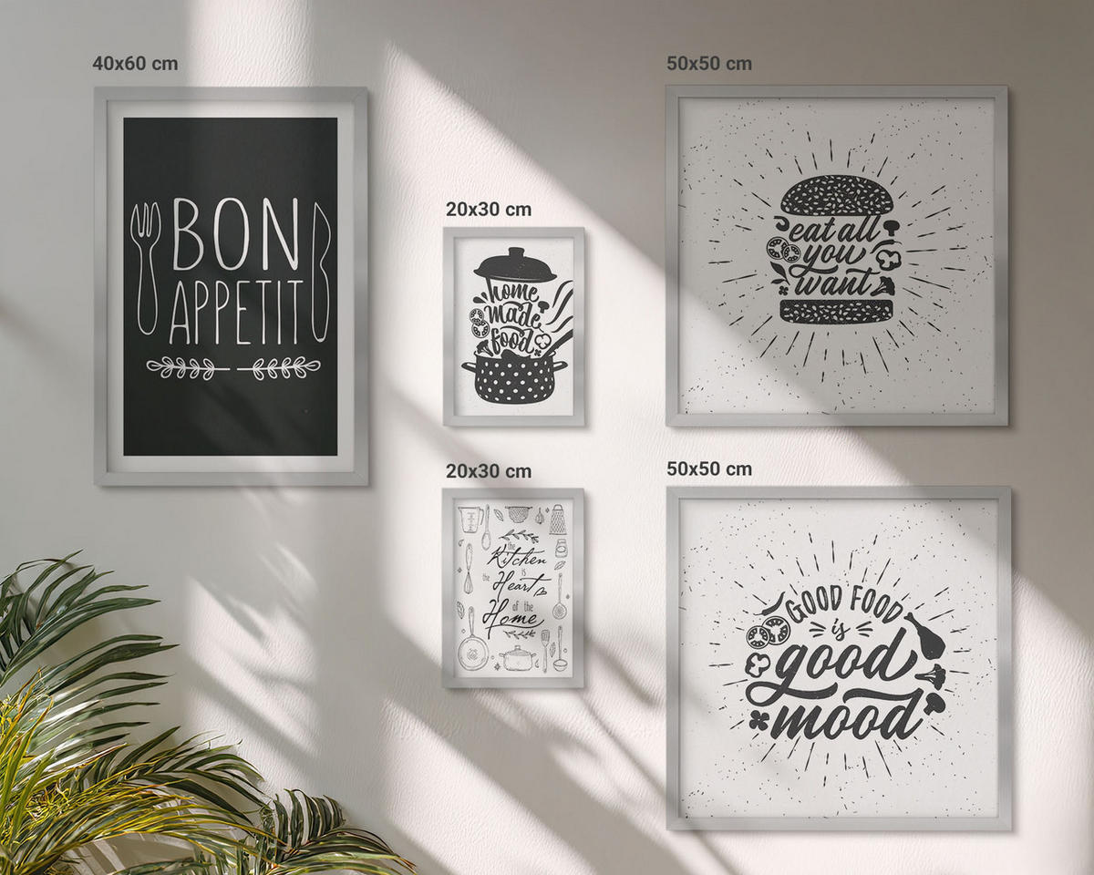 WANDBILDER 5er Set - 50x50 cm & 20x30 cm & 40x60 cm Silberner Rahmen - Grafiken, Lebensmittel, kulinarische Slogans - Silberfarben, Kunststoff (40/60cm) - ArtPrintCave