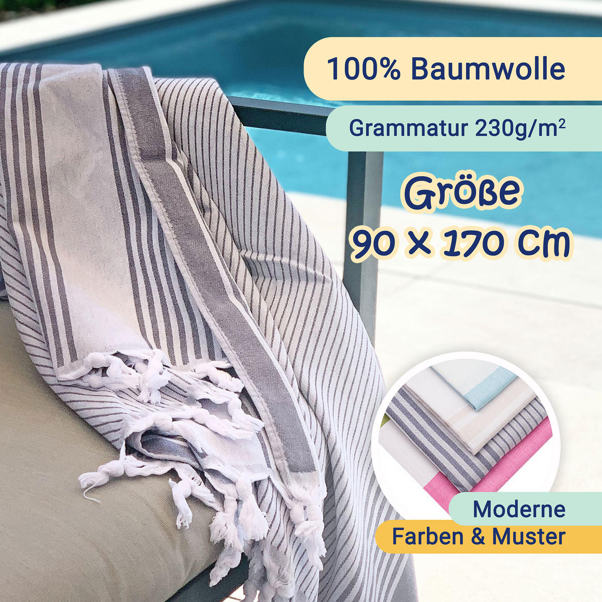 STRANDTUCH, 90x170 cm, 100% Baumwolle, Blau - Blau, Textil (90/170cm) - Zollner