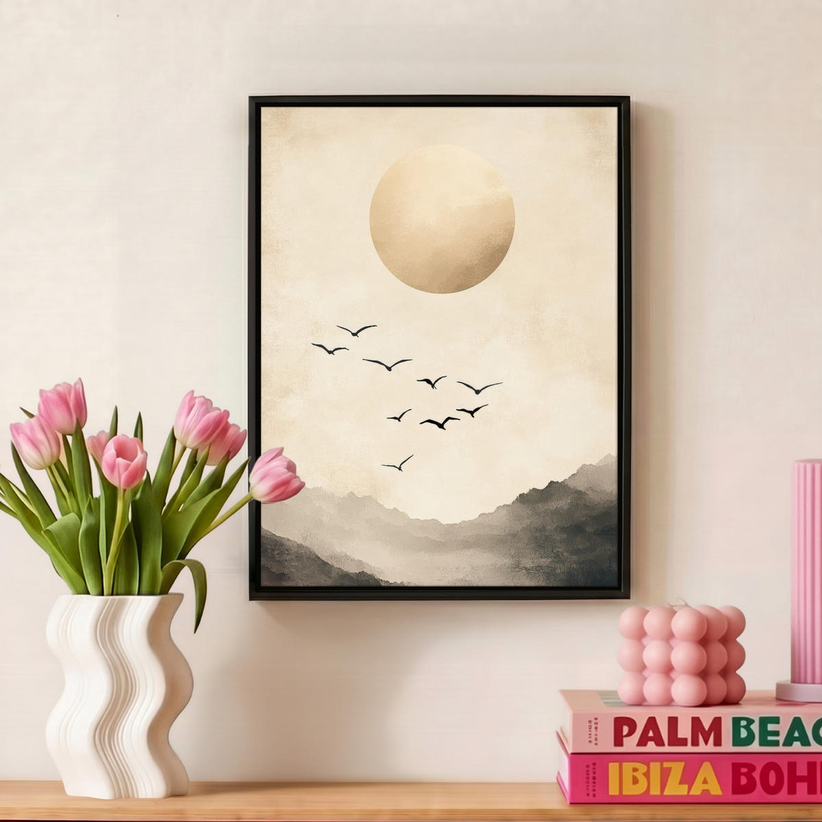 LEINWAND Bilder mit Rahmen - Landschaft - Japandi - Vogel - 30x40 - Beige, Textil (30/40cm) - MuchoWow
