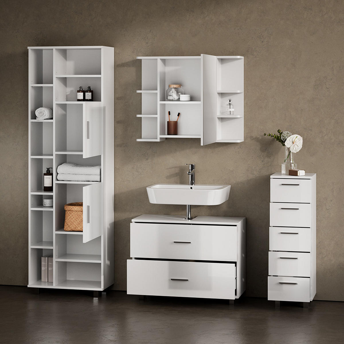 BADMÖBEL-SET Eisak Weiß Hochglanz 4 Teile, mit Hochschrank - Weiß Hochglanz/Weiß, Holzwerkstoff (80/60/33cm) - Livinity®