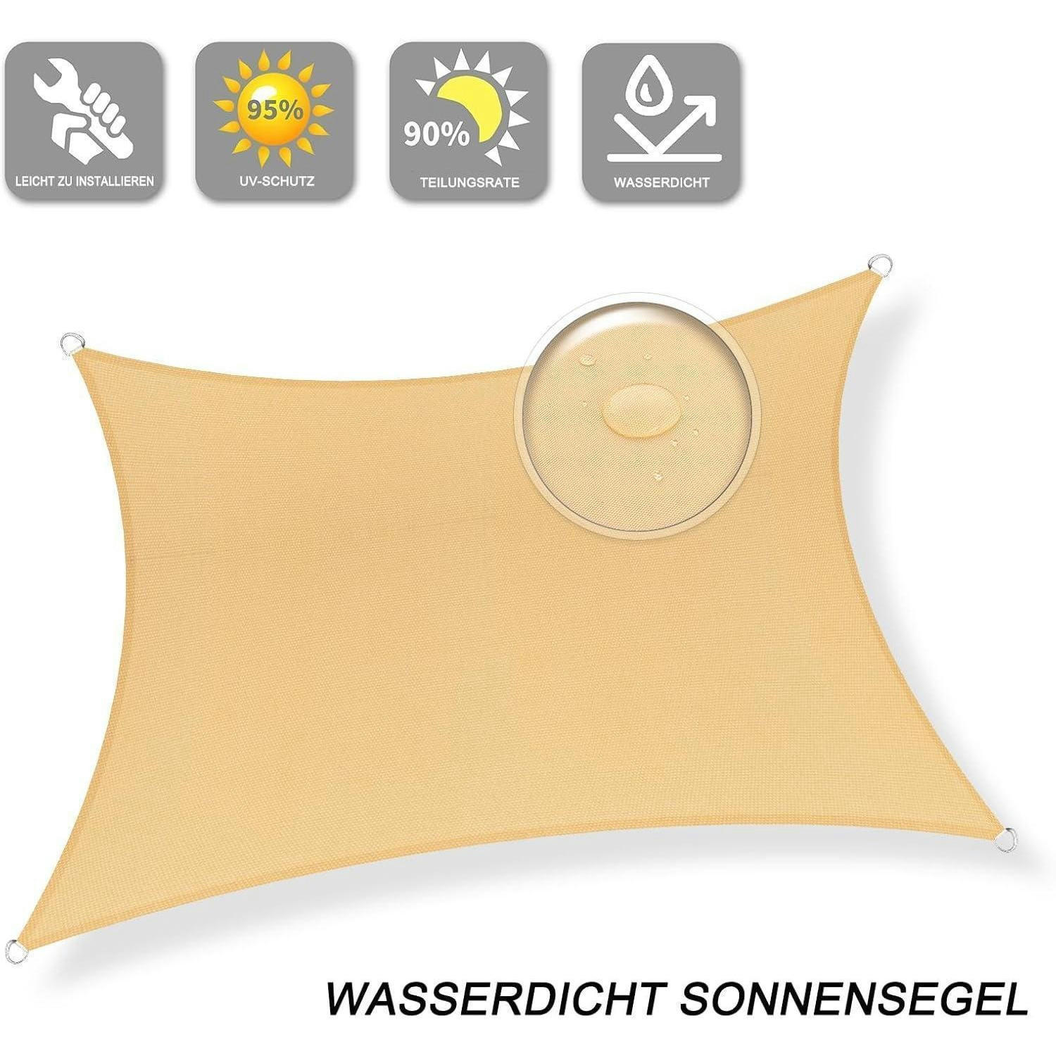 SONNENSEGEL Rechteckig 2 x 4 m Wasserdicht UV-Schutz 95% Sand - Sandfarben, Textil (200/400cm)