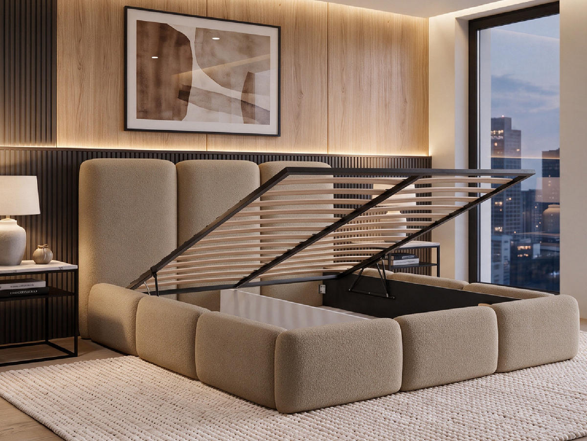 POLSTERBETT VARDO 180x200 cm mit Bettkasten, Stauraum und Metall-Lattenrost – Bouclé Stoff Beige - Beige/Schwarz, Textil/Metall (180/200cm) - Luxkor24