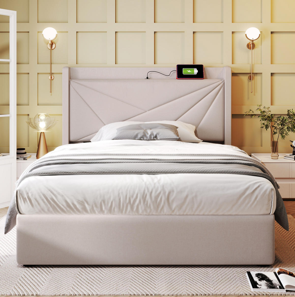 POLSTERBETT 90/200 cm Beige mit Bettkasten, Lattenrost und USB- und Type-C-Anschlüssen - Beige, Textil (90/200cm) - Flora Grace