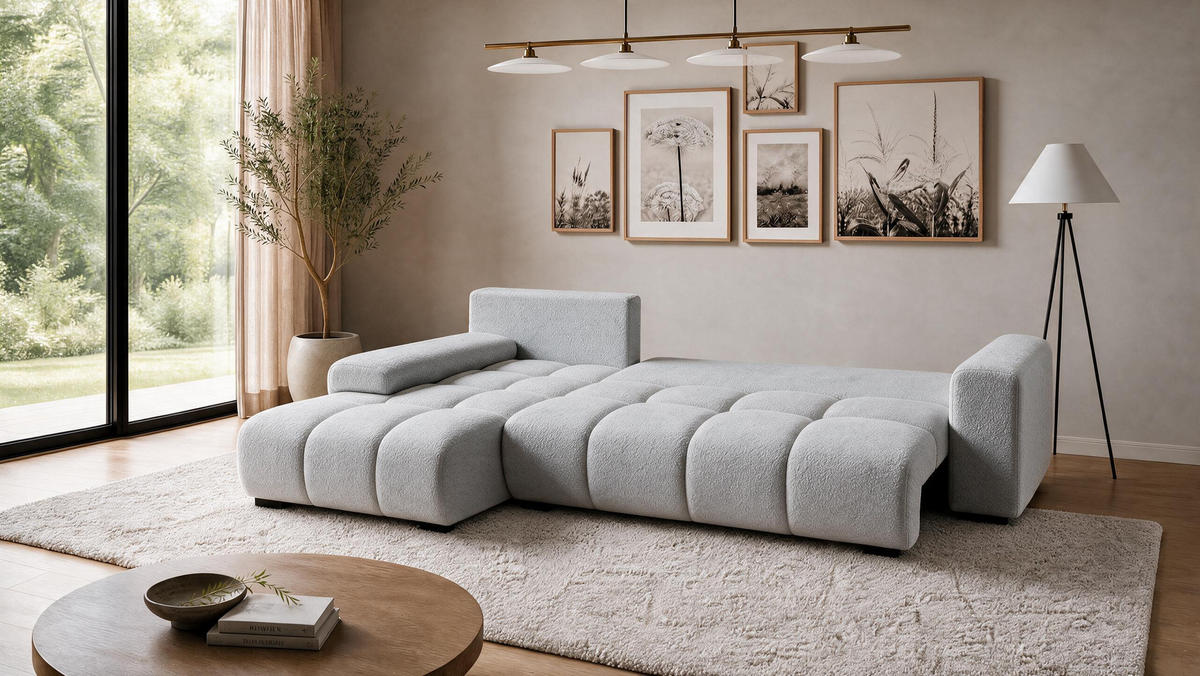 ECKSOFA Ovia mit Bettkasten und Schlaffunktion, Bouclé-Stoff in L-Form - Hellgrau, Textil (270/185cm)