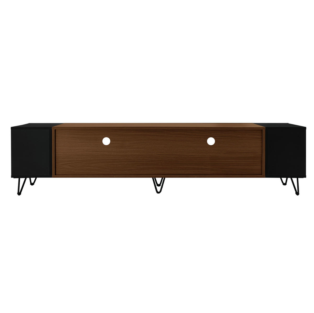 TV-SCHRANK aus MDF und Spanplatte 180x36x43 cm Schwarz/Holzoptik mit 2 Türen, offenen Fächern und Kabeldurchlässen - Schwarz, Holzwerkstoff (180/43/36cm) - Modfu
