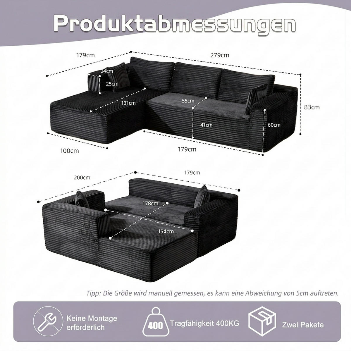 ECKSOFA 279/179/83 cm Schwarz Cord mit Chaiselongue - Schwarz, Textil (179/83/279cm) - Oxeza