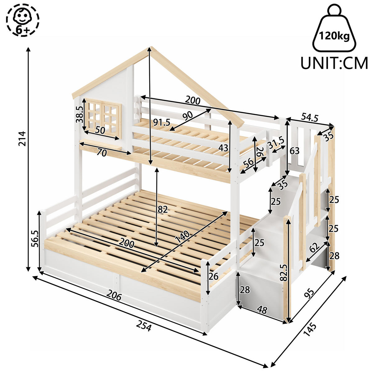 ETAGENBETT mit hydraulischem Stauraum 90x200 und 140x200 cm Weiß/Natur - Weiß, Holzwerkstoff (140/200cm) - Beauniv