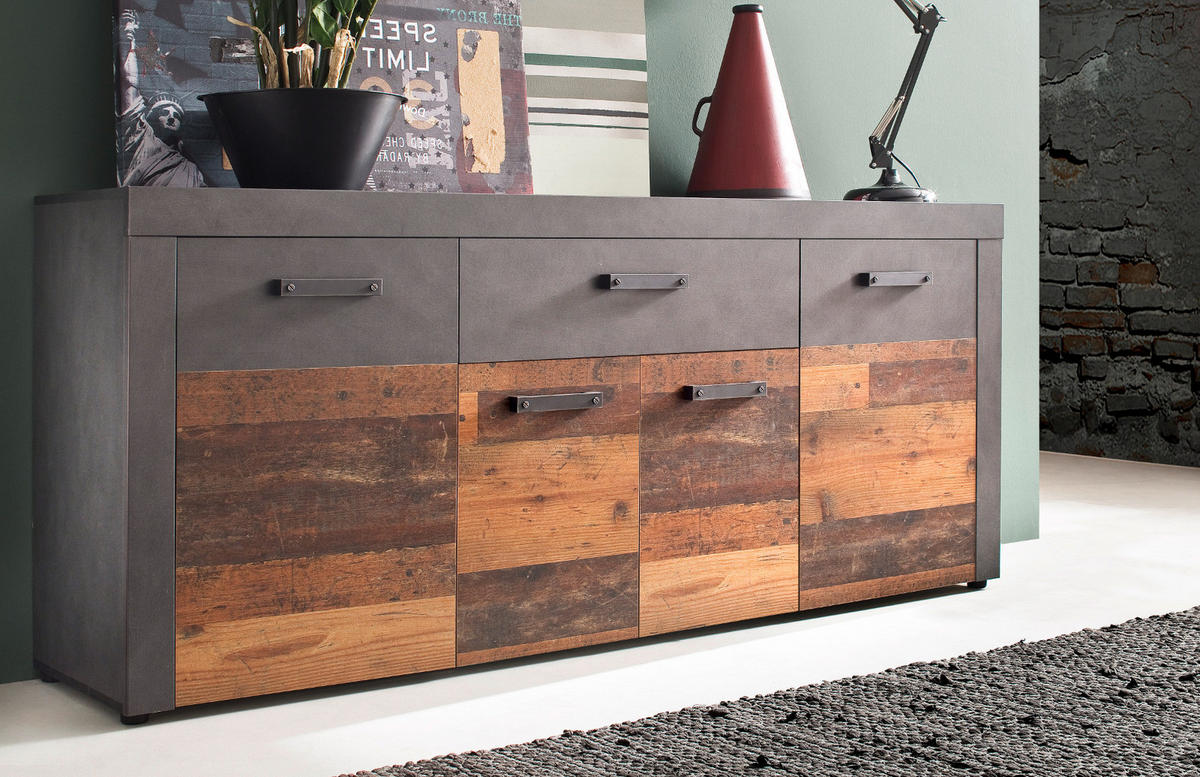 SIDEBOARD Used Wood Altholz Design mit Grau 178 cm, Kommode 4-türig - Silberfarben/Schwarz, Holzwerkstoff/Kunststoff (40/77/178cm) - Top.Furn