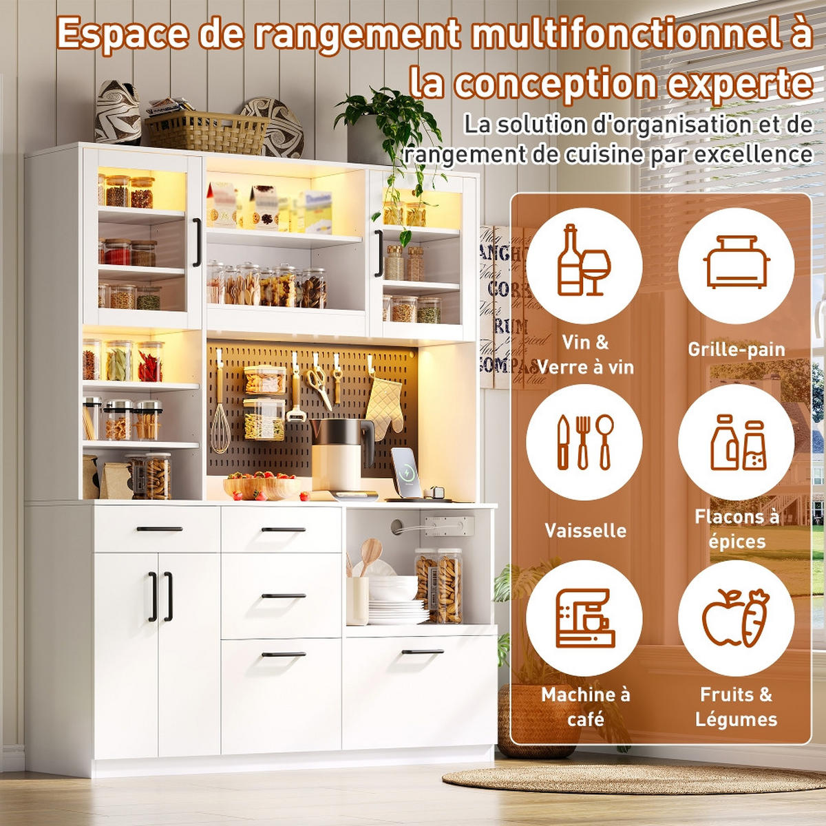 KÜCHENSCHRANKBUFFETSCHRANK MIT STECKDOSE UND LED-BELEUCHTUNG, MDF Weiß, Kaffeestation, 145/185/40 cm - Weiß, Kunststoff (40/185/145cm) - Rolipo