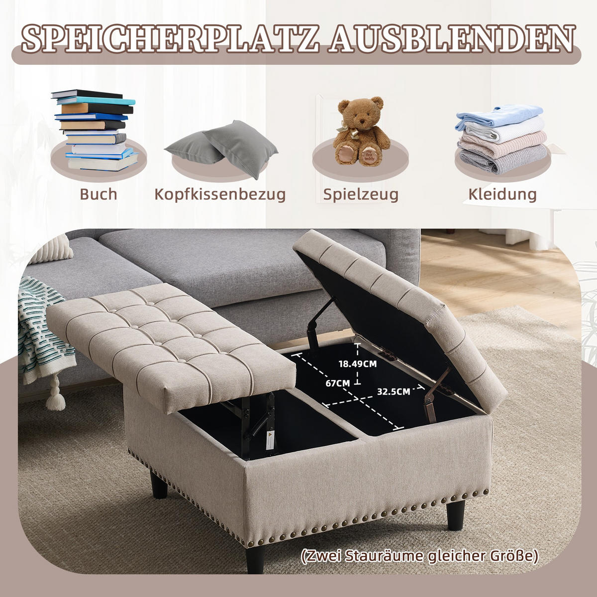 HOCKER Couchtisch,Aufbewahrungsstuhl,höhenverstellbar,Leinen,Beige - Beige, Metall (75/41/75cm) - LVHOM