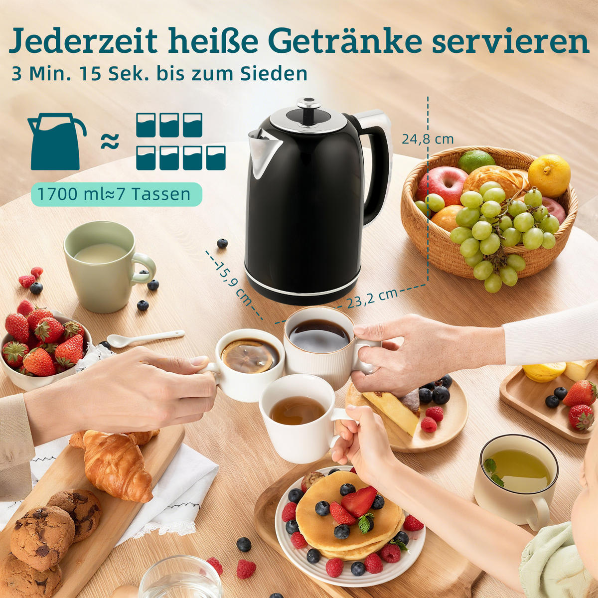 WASSERKOCHER Toaster Set 1,7L Edelstahl Wasserkocher 2 Scheiben Toaster Schwarz - Schwarz, Kunststoff (15.9/24.8/23.2cm) - HOMCOM