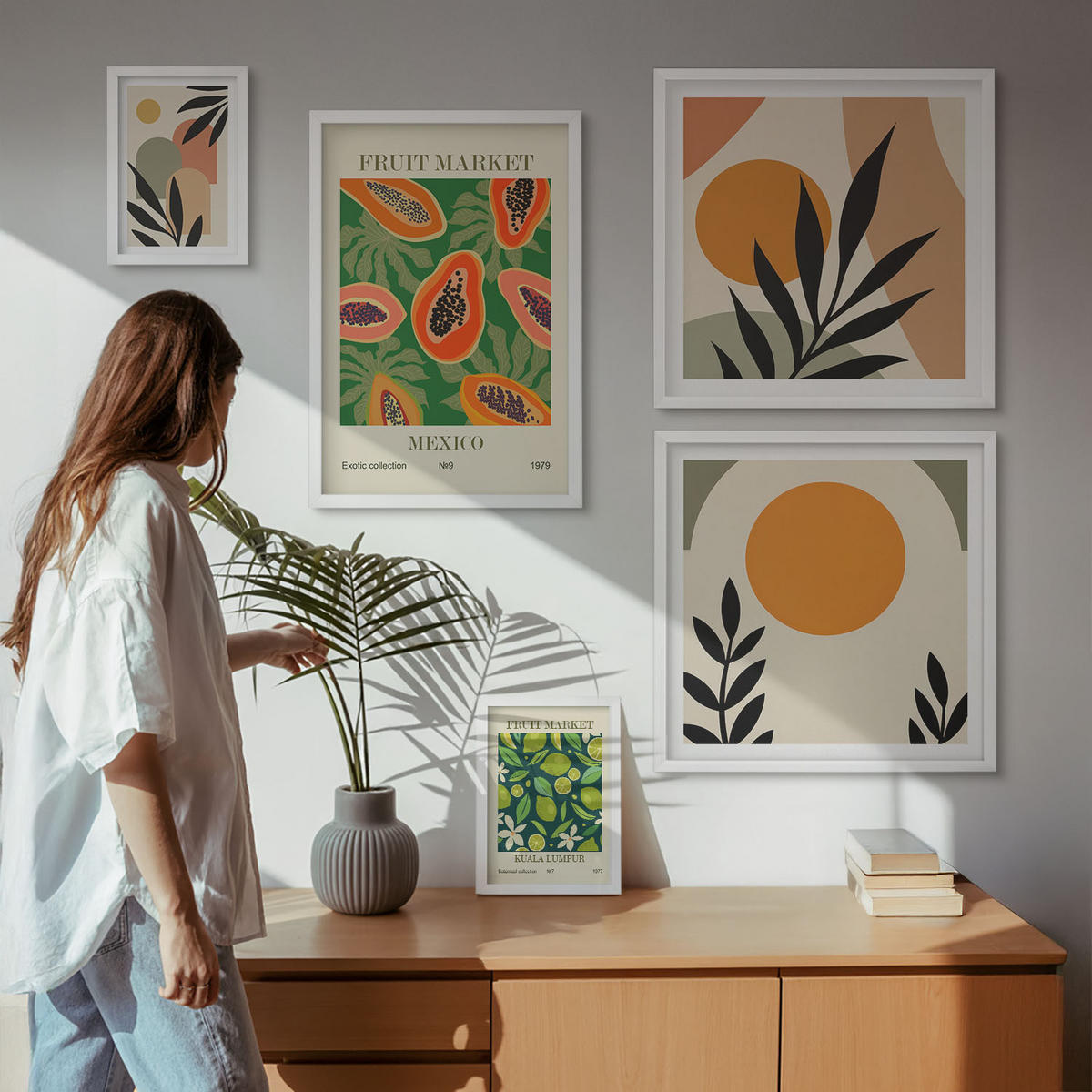 BILDER SET 5er Set - 50x50 cm & 20x30 cm & 40x60 cm Weißer Rahmen - Fruchtmuster der italienischen Kultur - Weiß, Kunststoff (40/60cm) - TULUP