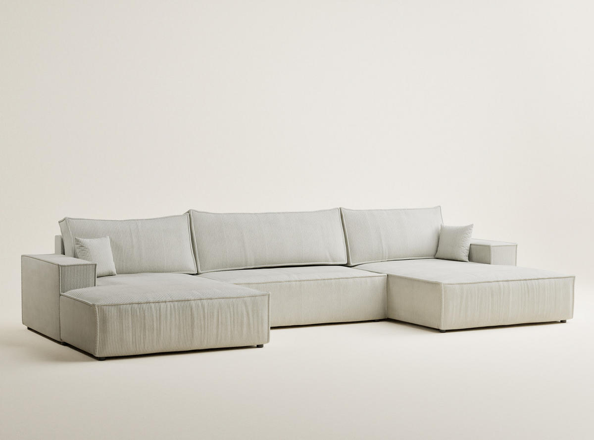 WOHNLANDSCHAFT Kyoto Creme Samtstoff - Creme/Schwarz, Holz/Holzwerkstoff (398/70/148cm) - Maison de Reve