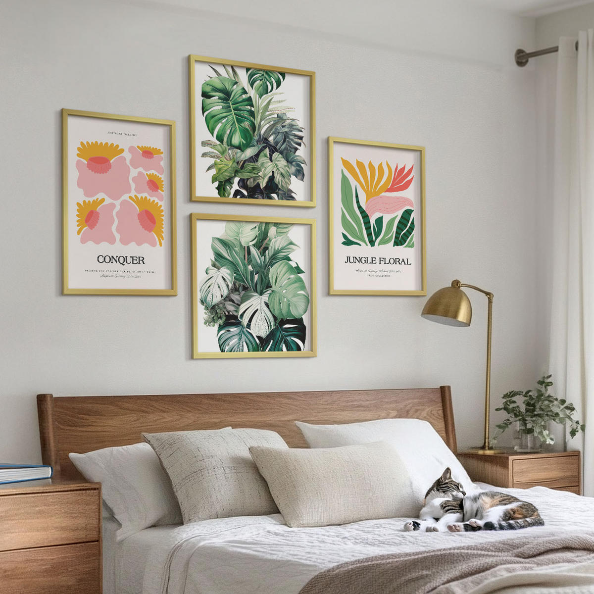 BILDER SET 4er Set - 50x50 cm & 40x60 cm Goldrahmen - Blumen und Blätter – moderne Poster - Goldfarben, Kunststoff (50/50cm) - TULUP