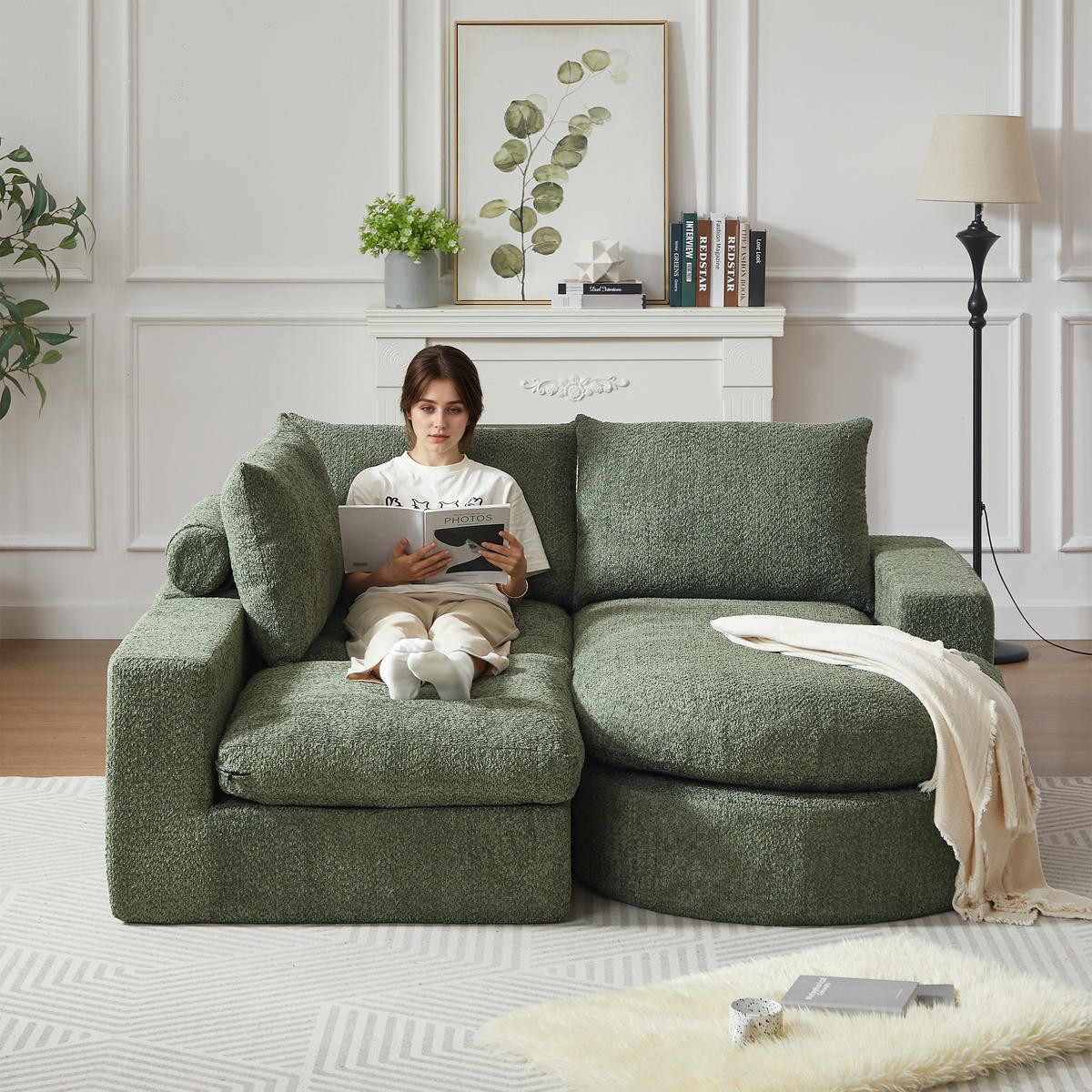 SCHLAFSOFA aus Chenille mit Liegestuhl und Kompressionsschaum - Grün, Textil (251/81/160cm)