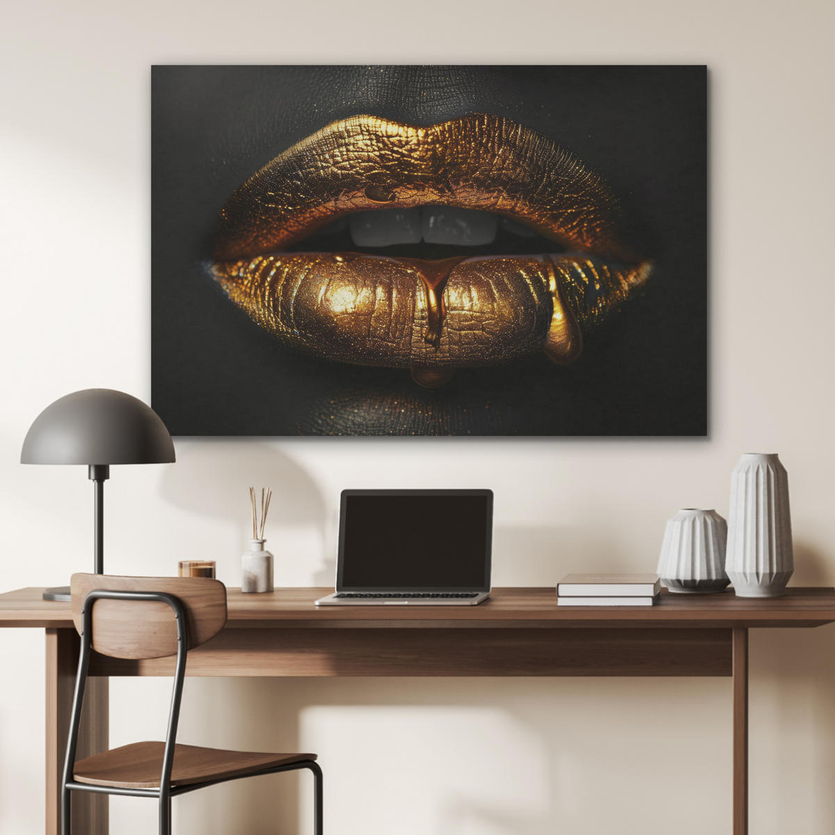 AKUSTIKPANEEL Frau - Porträt - Lippen - Gold - Schwarz 100x70 cm - Schwarz, Textil (100/0.9/70cm) - MuchoWow