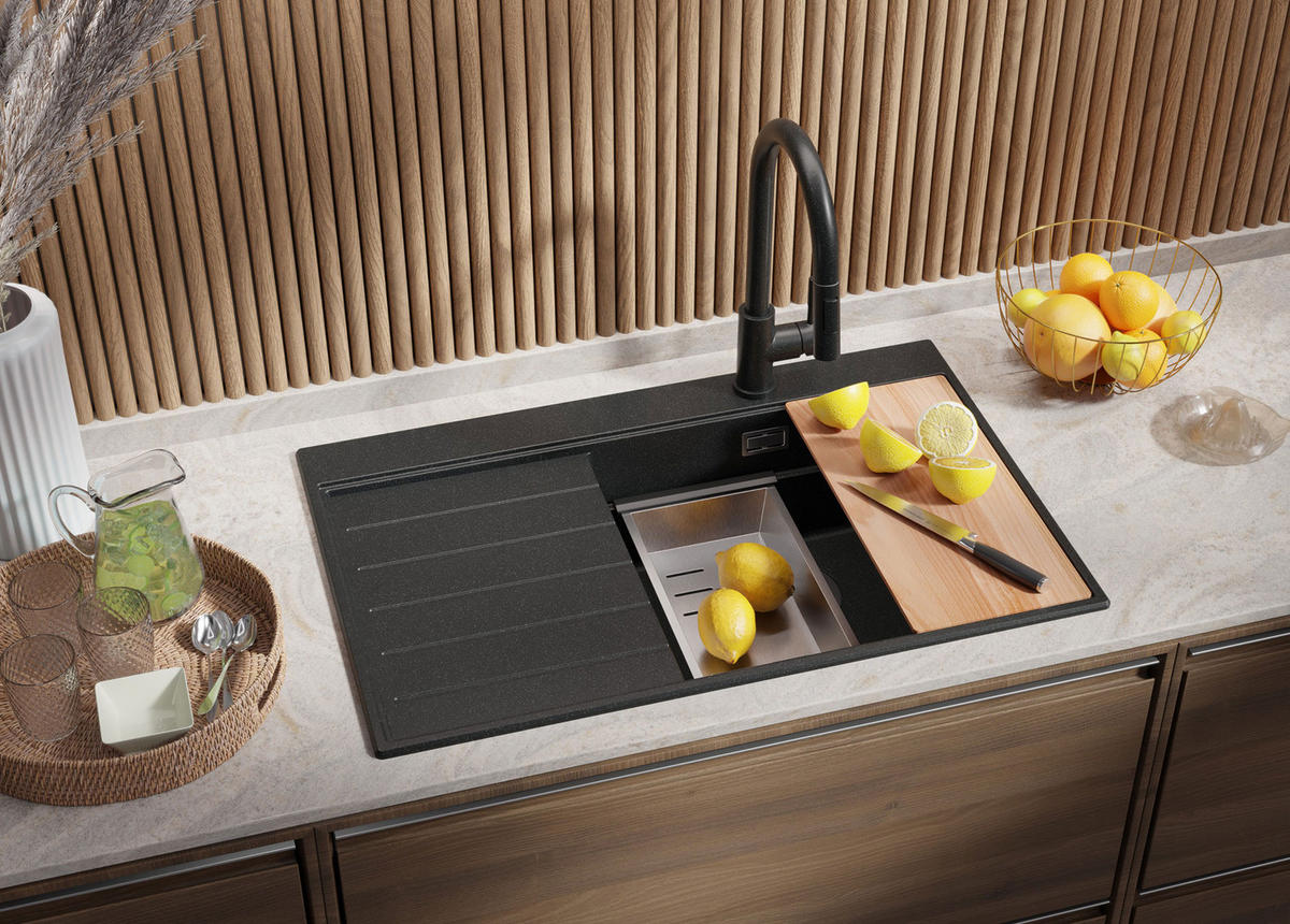 SPÜLBECKEN Sydney, 2-er set Anthrazit 78/50 cm 1 Becken + Ablauf-Set + Küchenzubehörset ab 50er Unterschrank - Chromfarben/Anthrazit, Kunststoff (78/20/50cm) - Primagran