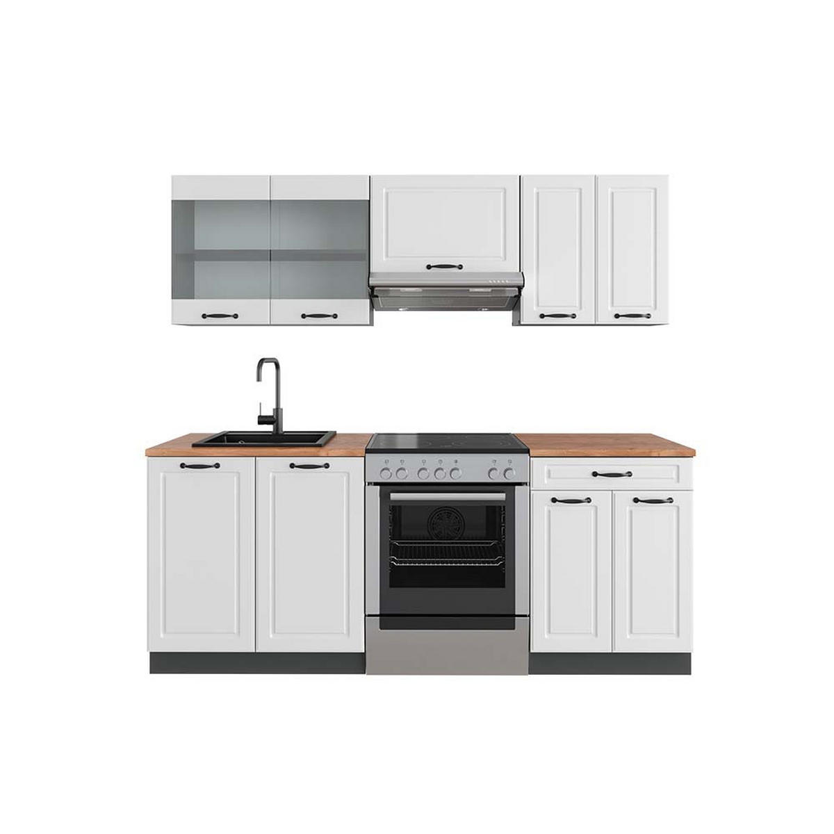 KÜCHENZEILE R-Line Weiß Landhaus/Anthrazit 200 cm, AP Eiche - Anthrazit/Creme, Holzwerkstoff (200/81.6/60cm) - Vicco