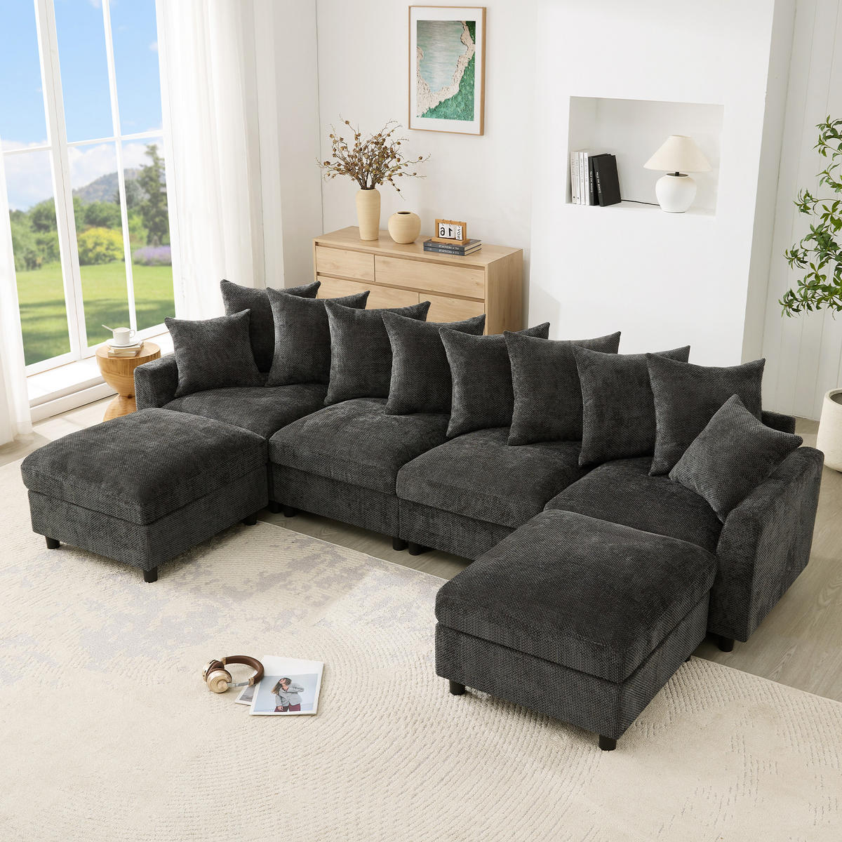 ECKSOFA Modular, Grau, Waffel-Chenille, 6-Sitzer, 2 Hocker - Grau, Textil (153.5/283cm)