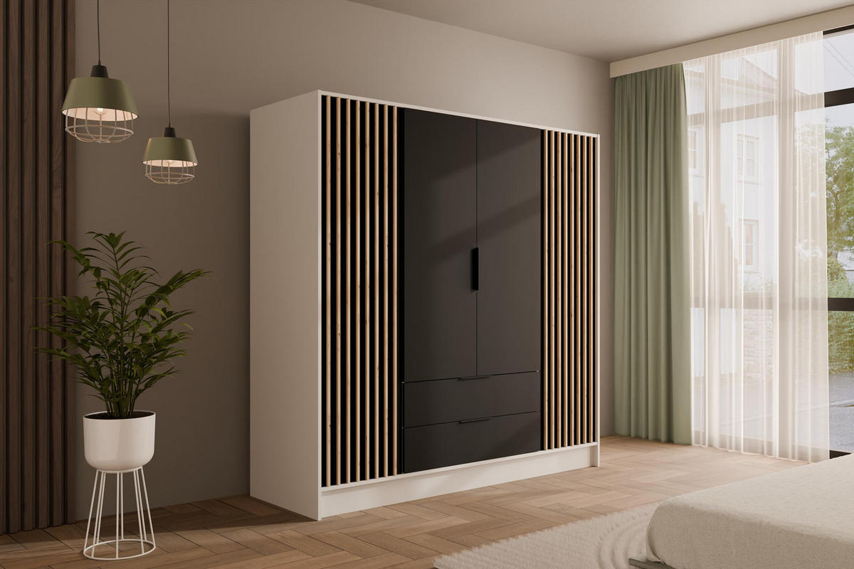 KLEIDERSCHRANK NELIA - 200 cm - Schwarz/Weiß, Holzwerkstoff (200/200/51cm) - ALTDECOR