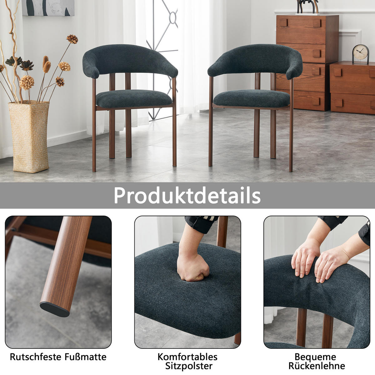 ESSZIMMERSTUHL 2ER-SET aus Stoff mit Metallbeinen, ergonomisch gepolstert im Fass-Design - Schwarz, Textil (60/80.5/57.5cm) - Urban Meuble