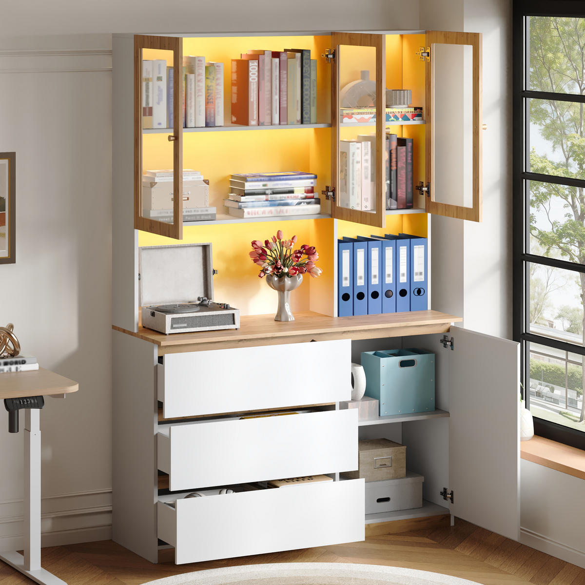 VITRINE 120cm Weiß Eiche LED Hochschrank modern - Multicolor, Holzwerkstoff (120/200/40cm) - FLIEKS
