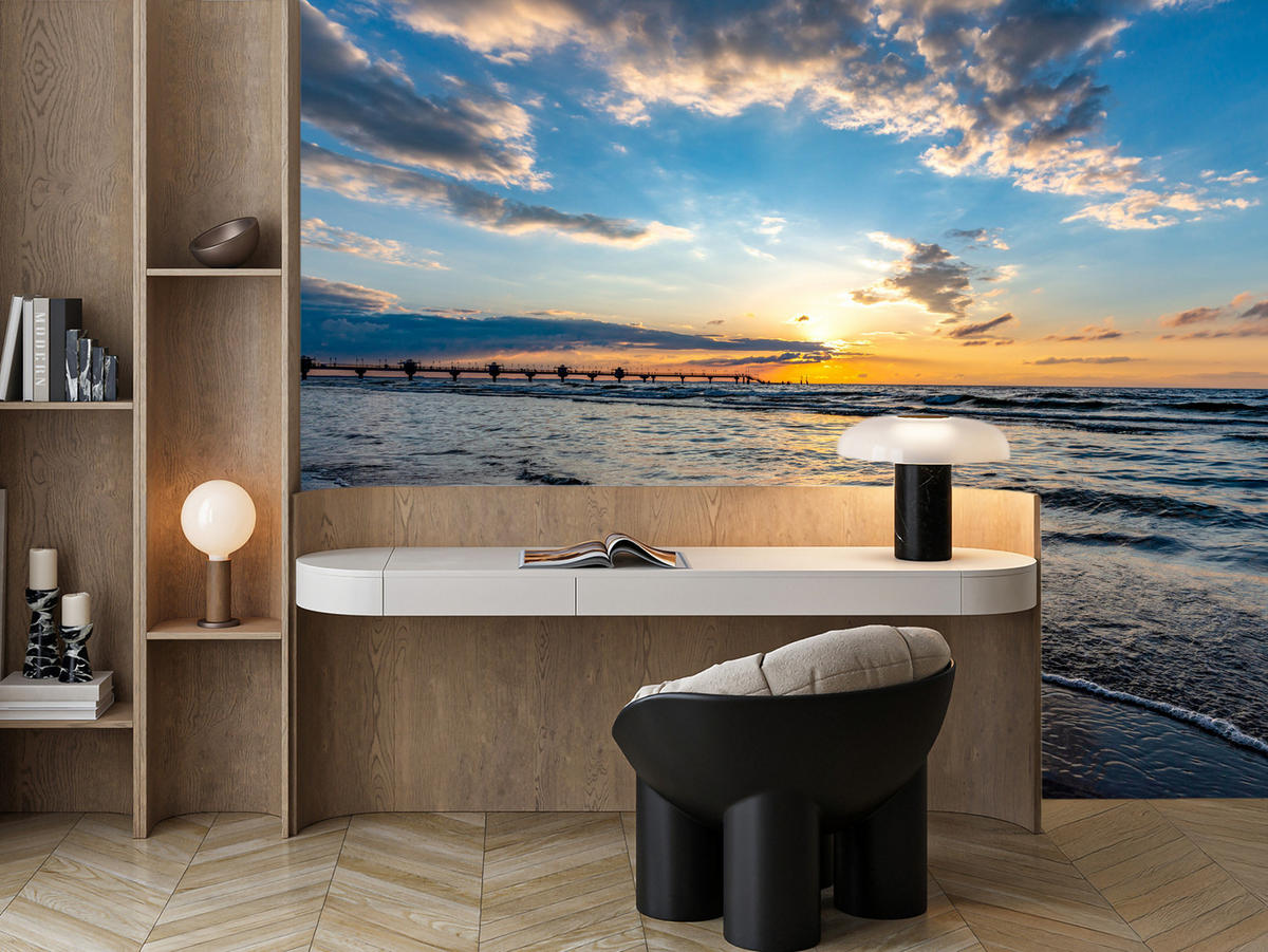 FOTOTAPETE für Wohnzimmer Sonnenuntergang Pier Romantik Meer 400x280 - Blau/Gelb, Papier (400/280cm) - Muralo