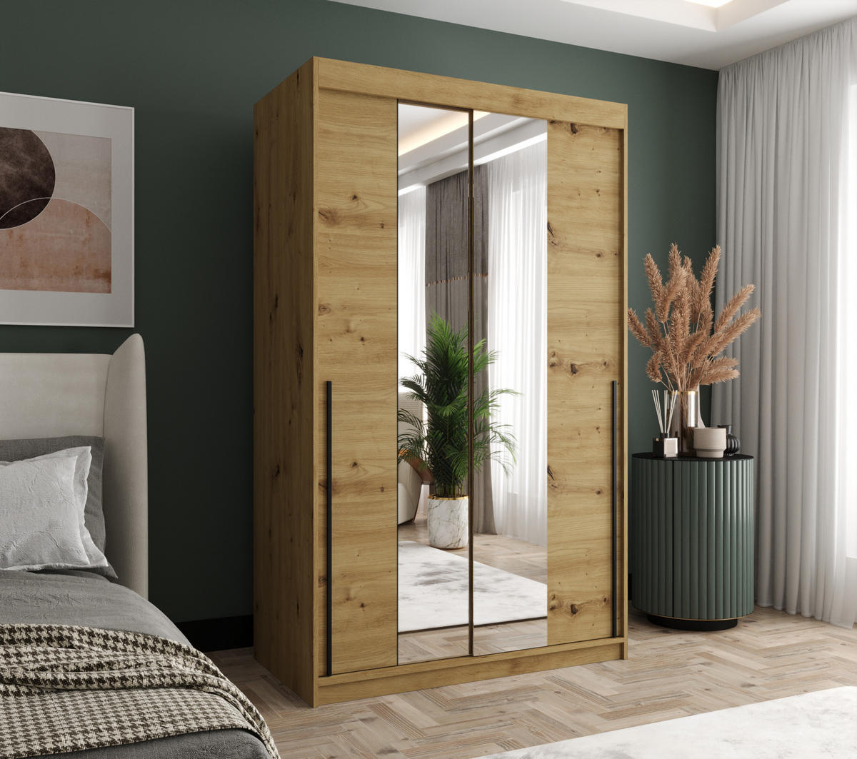 SCHIEBETÜRENSCHRANK mit Spiegel 120 cm Breite Artisan mit schwarzem Griff - Schwarz/Eiche Artisan, Holzwerkstoff (120/200/62cm) - Home Collective