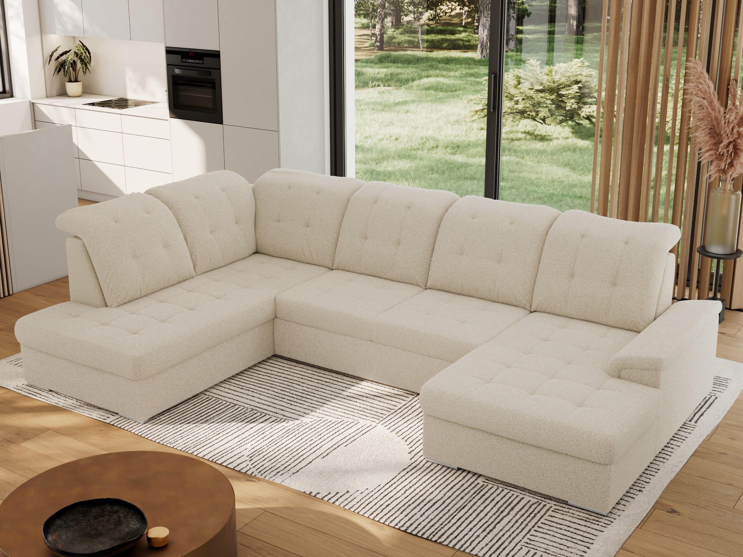 WOHNLANDSCHAFT MADRITO U - Beige Boucle - Links - Beige/Silberfarben, Textil/Metall (204/89/323cm) - MKS