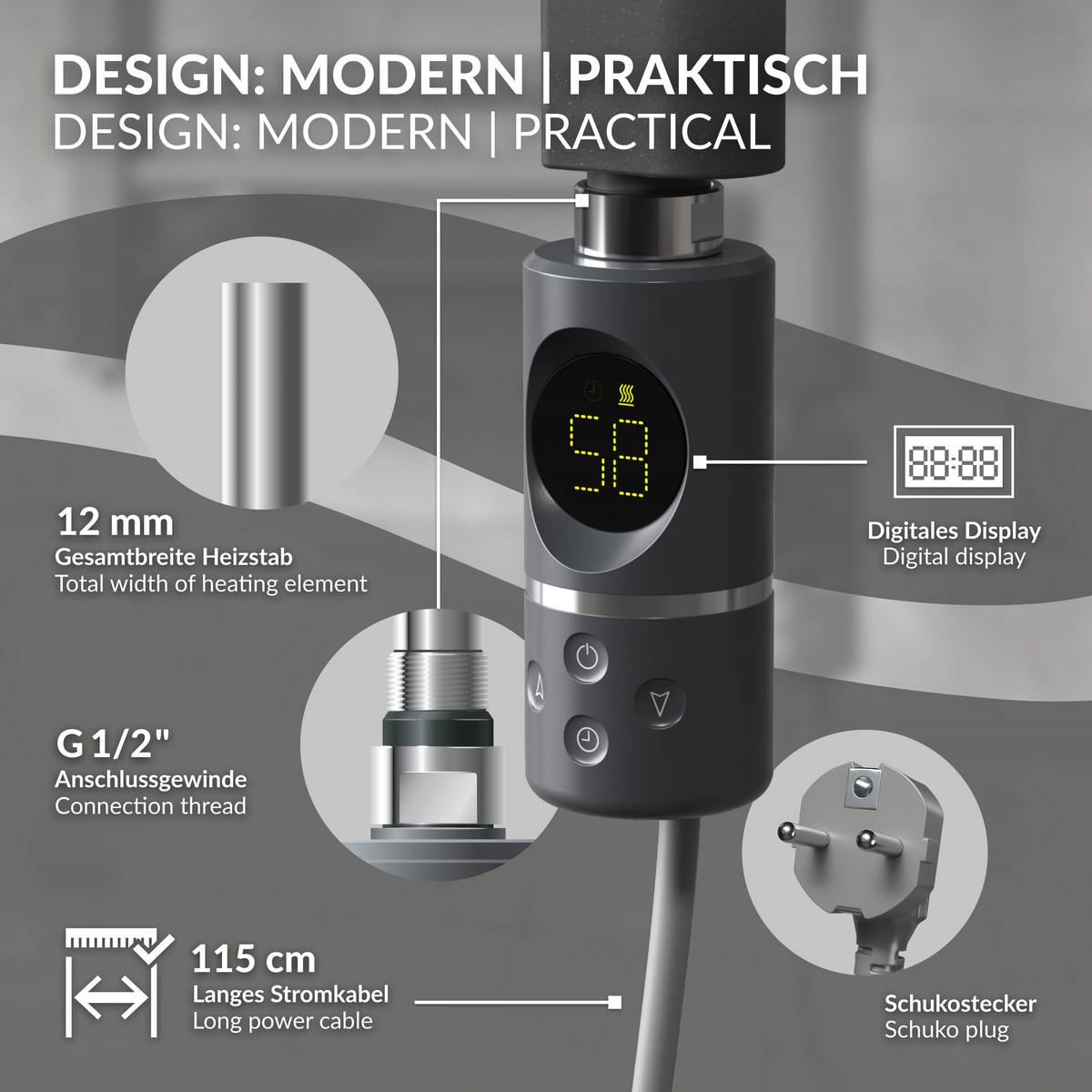 BADHEIZKÖRPER elektrisch Sahara 500x1200 mm Anthrazit gerade mit Heizstab 1200W Digital - Anthrazit, Metall (50/120/3cm) - LuxeBath