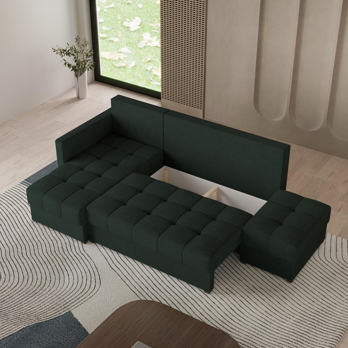 ECKSOFA LUMARI L-S Grün Plüsch-Stoff mit Schlaffunktion - Grün, Holz (262/143cm) - MASSENO
