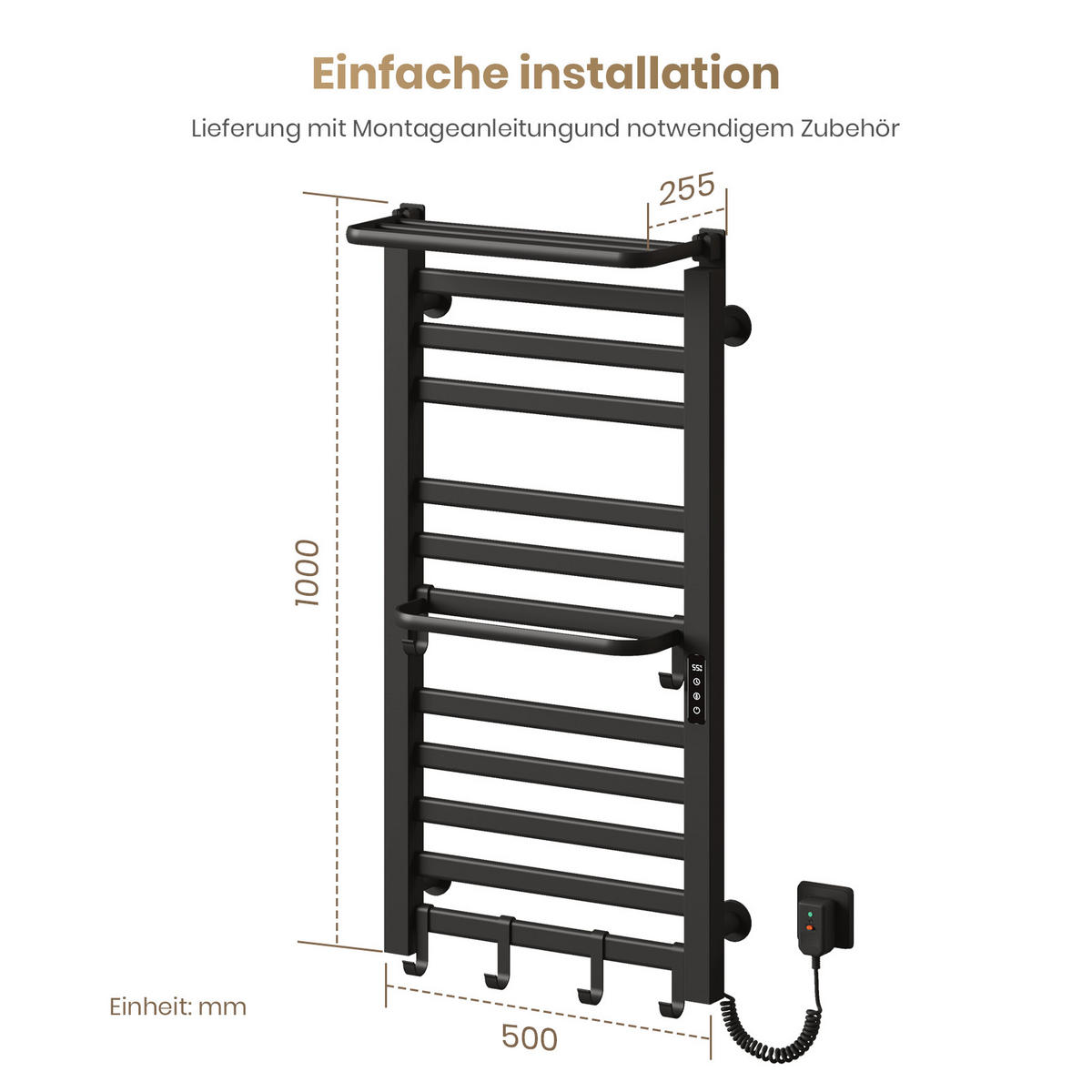 HEIZKÖRPER Elektrischer Handtuchhalter mit Ablage Schwarz 100/50/4,3 cm - Schwarz, Metall (50/100/25.5cm) - EMKE