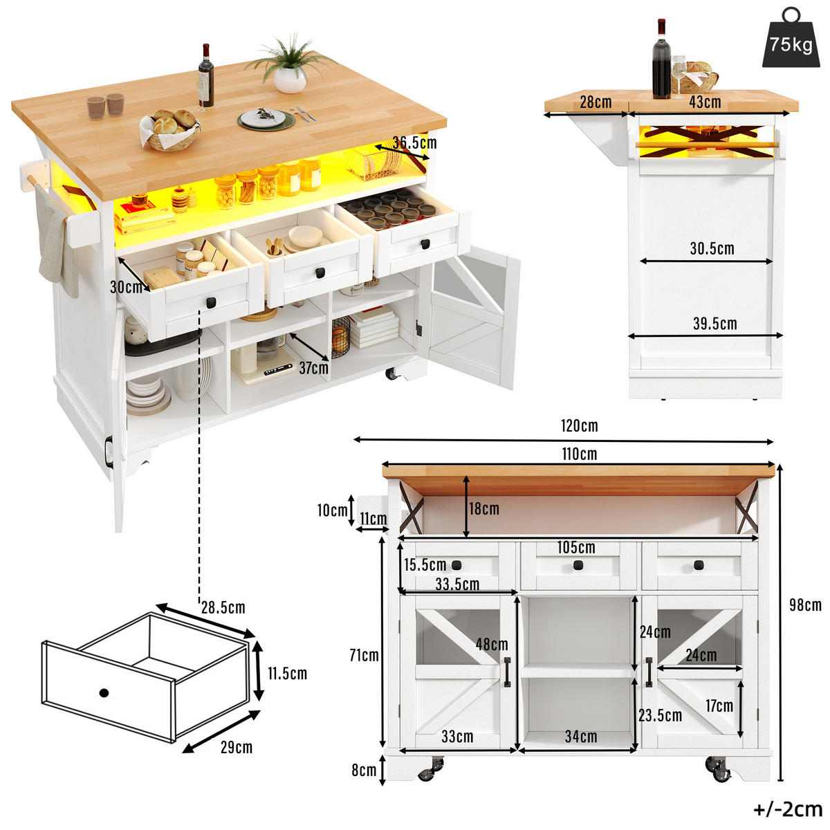 KÜCHENINSEL in Weiß Küchenwagen mit App LED, Klapptisch, 3 Schubladen und 2 Türen, als Sideboard und Servierwagen, B120/T71/H98cm - Weiß, Holzwerkstoff/Metall (120/98/43cm) - STILVORA