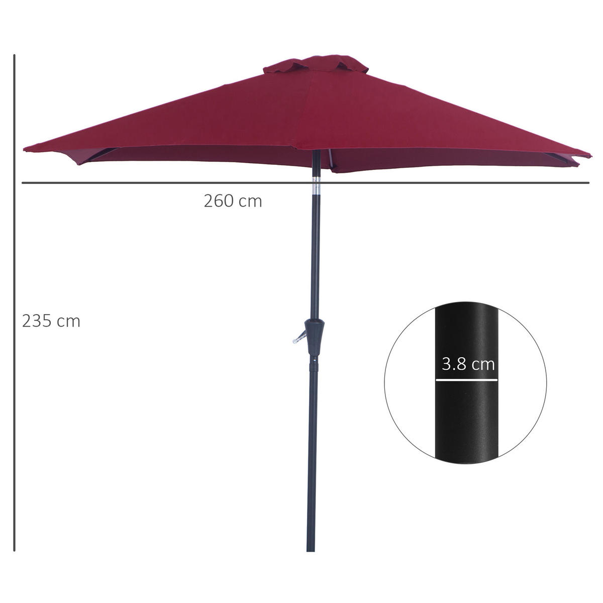SONNENSCHIRM aus Aluminium Ø2,6xH2,35 m Rot mit Handkurbel & Knickfunktion - Rot, Metall (260/260cm) - Modfu
