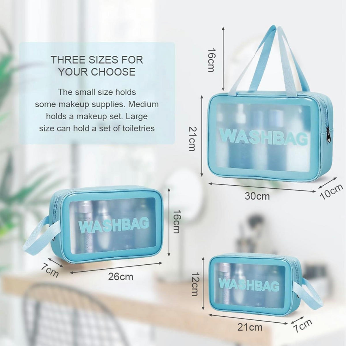 KULTURBEUTEL Set 3-teilig Transparent Blau - Blau, Kunststoff (10/21/30cm)