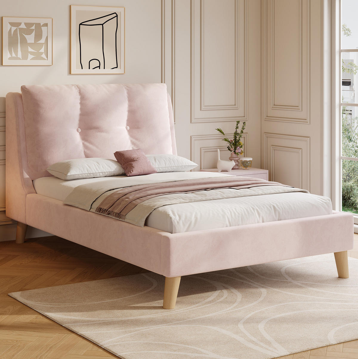 POLSTERBETT aus Samt 90x200 cm in Rosa mit Lattenrost & Stauraum - Rosa, Textil (90/200cm) - Modfu