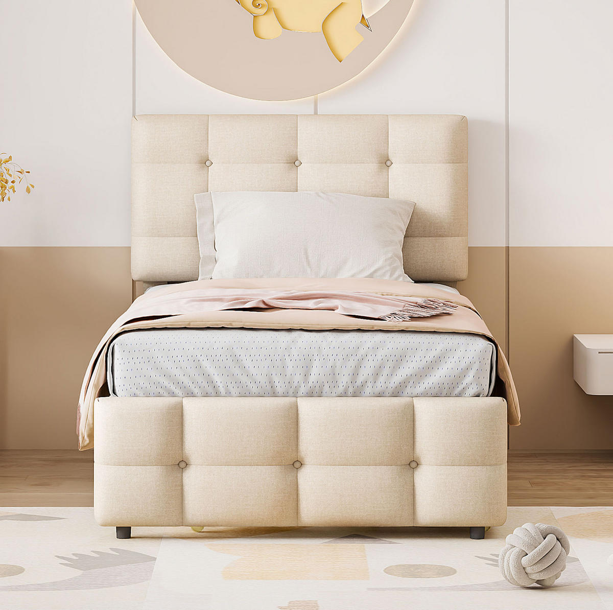 POLSTERBETT 90/200 cm Beige aus Leinenstoff mit Ausziehbett - Beige, Textil (90/200cm) - OKMYHOME