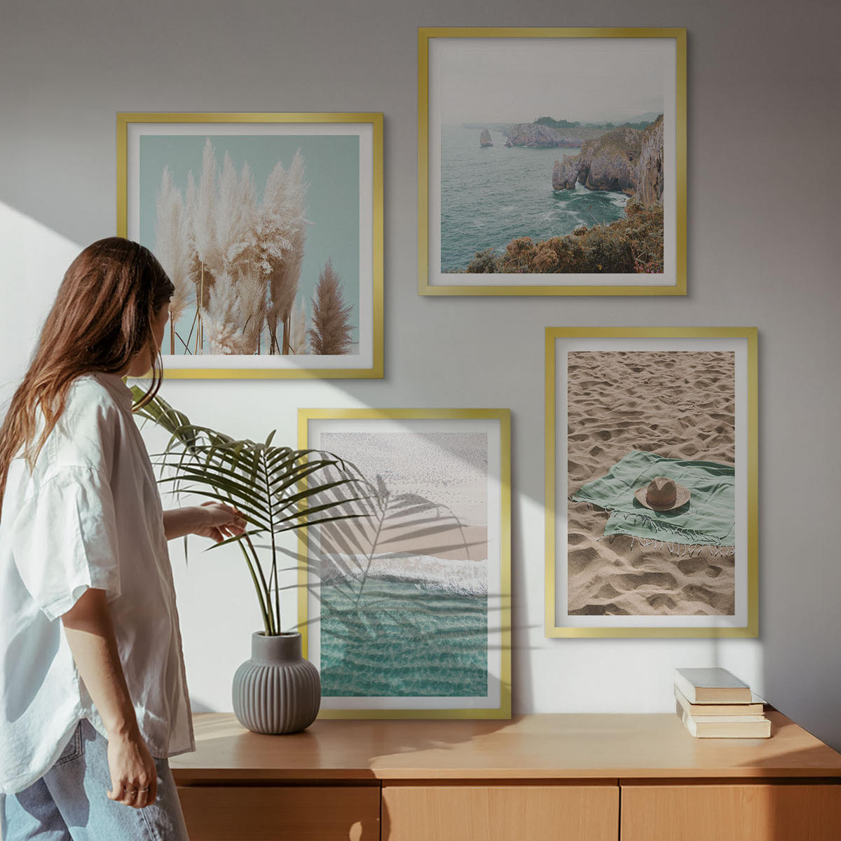 BILDER SET 4er Set - 50x50 cm & 40x60 cm Goldrahmen - Strandwellen Grashut - Goldfarben, Kunststoff (50/50cm) - TULUP