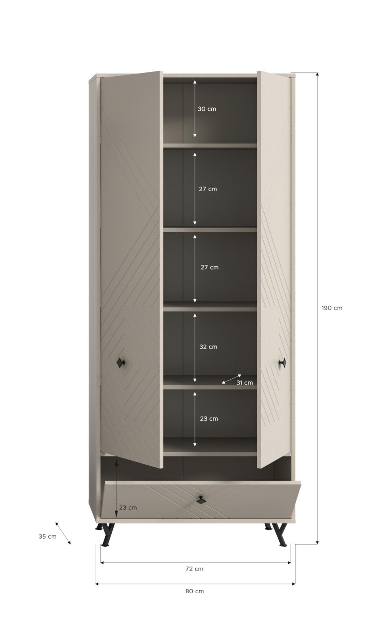 SCHUHSCHRANK Sand matt 80 cm, Mehrzweckschrank mit gefräster Struktur - Sandfarben/Beige, Holzwerkstoff/Metall (80/190/35cm) - Inn.Furn