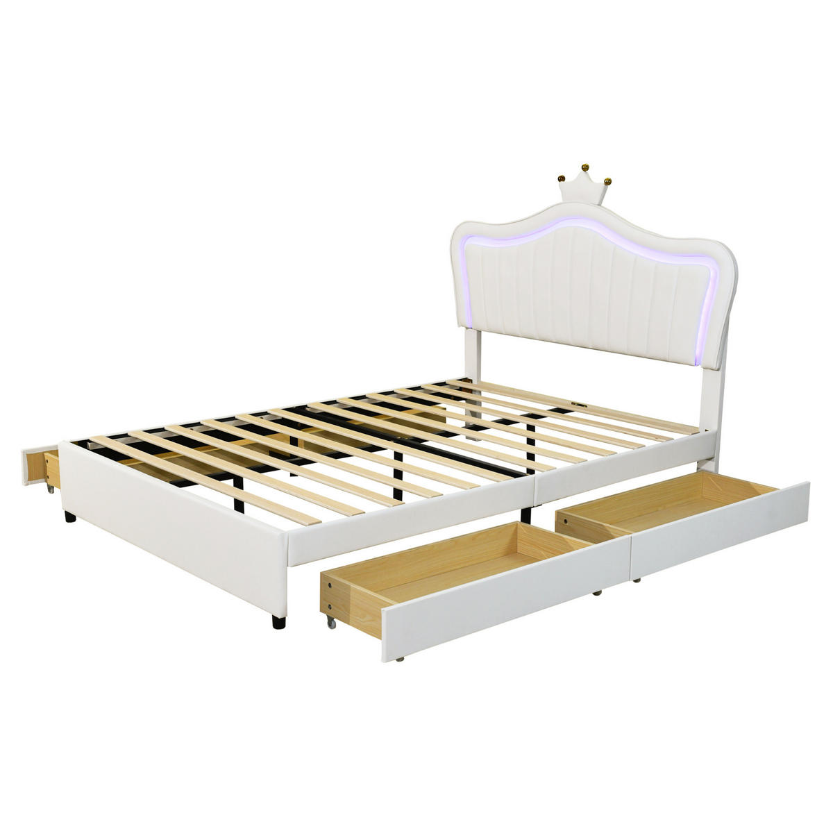 DJEČJI tapecirani krevet 140/200 cm bijeli od PU kože s LED rasvjetom i 4 ladice - bijela, tekstil (140/200cm) - OKWISH