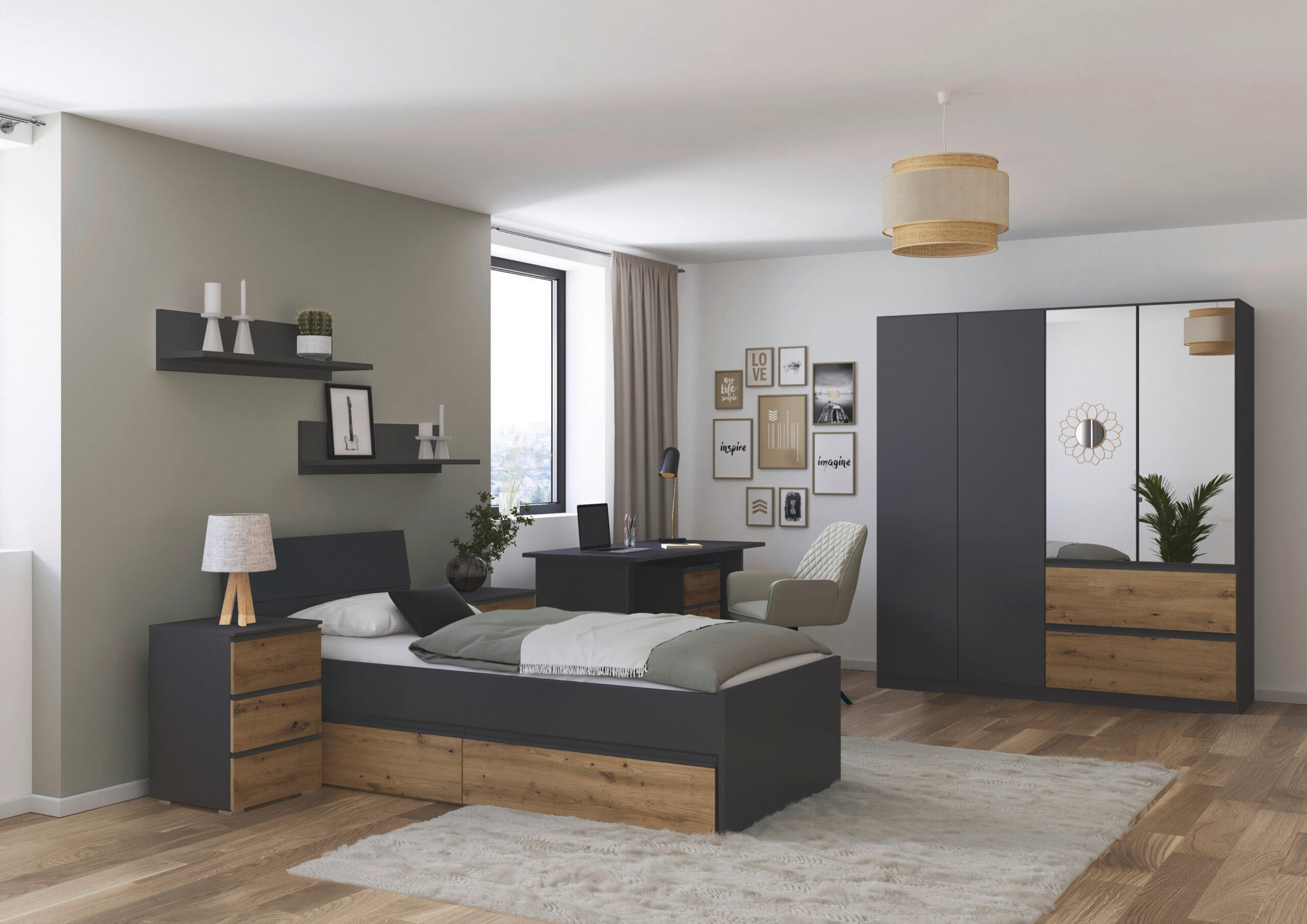 JUGENDZIMMER Joel in Grau Metallic und Artisan Eiche 5 teilig – mit 4trg Kleiderschrank, 90er Bett, Nachttisch, Schreibtisch und Rollcontainer - Grau, Holzwerkstoff (80/200/120cm)