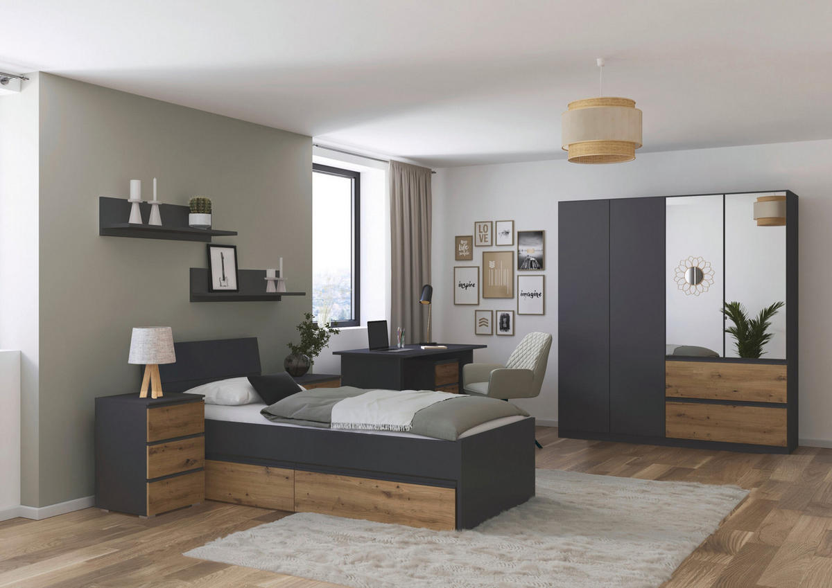 JUGENDZIMMER Joel in Grau Metallic und Artisan Eiche 5 teilig – mit 4trg Kleiderschrank, 90er Bett, Nachttisch, Schreibtisch und Rollcontainer - Grau, Holzwerkstoff (80/200/120cm)