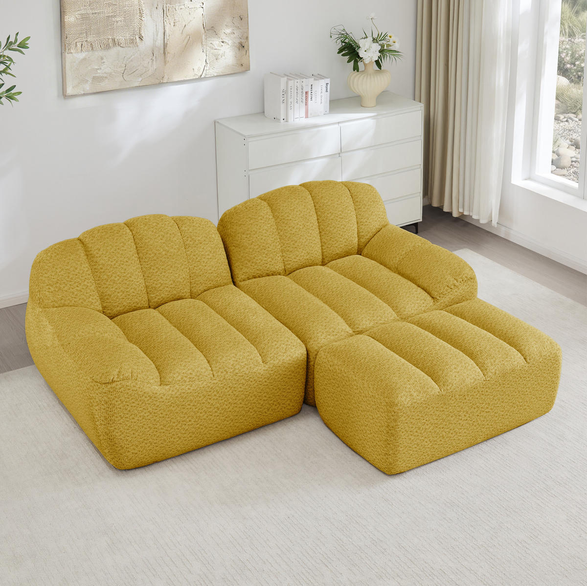 SOFA 2-Sitzer in Gelb mit Ottoman und modularer L-Form - Gelb, Textil (165/79/210cm) - Flora Grace