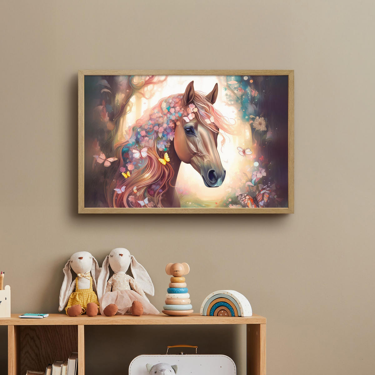 NÁSTĚNNÁ LAMPA S AKUMULÁTOREM Kůň - Příroda - Květiny - Motýli - Les 60x40 cm - tmavě hnědá, kompozitní dřevo (60/40/8cm) - OnlyWow