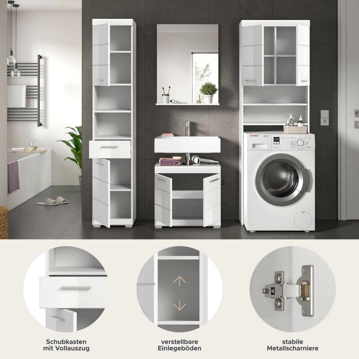 BADKOMBINATION 4tlg. Scout Bad in weiß Nachbildung und weiß hochglanz B/H/T: 190x191x34 cm - Weiß, Holz (190/191/34cm)