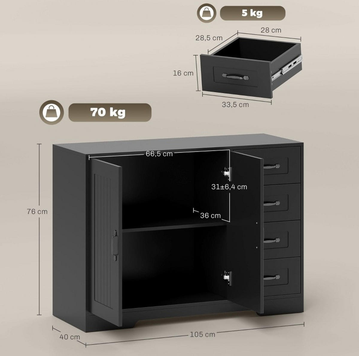 SIDEBOARD 105/40/76 cm schwarz aus Holzwerkstoff mit 4 Schubladen - Schwarz, Holz (105/76/40cm) - OKWISH