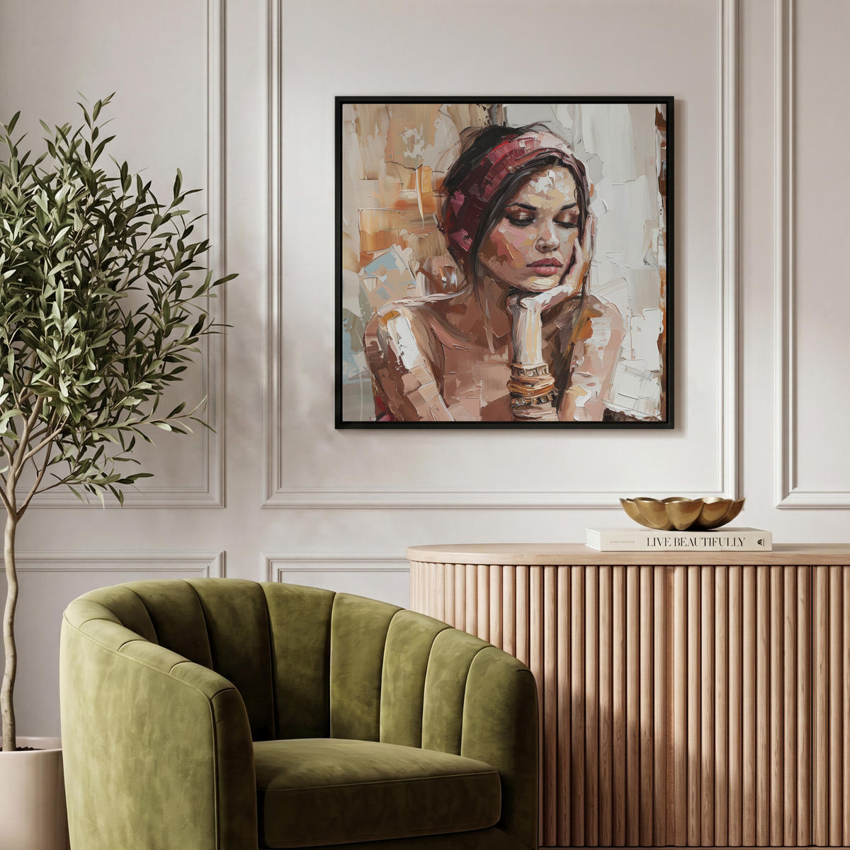 LEINWAND Bilder mit Rahmen - Frau - Lackierung - Porträt - Modern - 50x50 - Altrosa, Textil (50/50cm) - MuchoWow