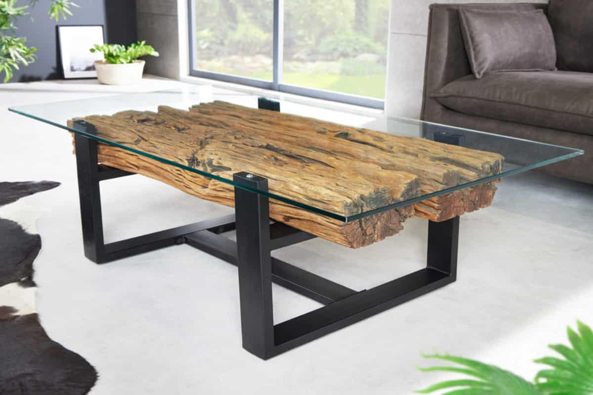 COUCHTISCH BARRACUDA Teakholz rechteckig Natur|Transparent|Schwarz 130cm - Transparent/Schwarz, Glas/Holz (70/130/42cm) - riess-ambiente